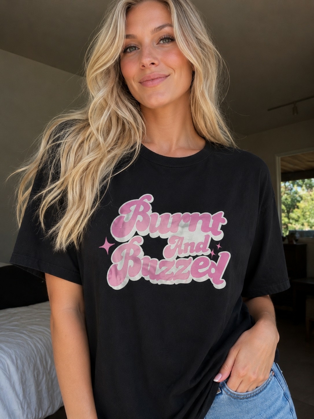 Burnt And Buzzed Short Sleeve Graphic Tee - Black with Pink Print